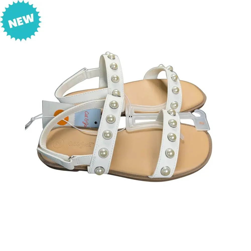 Cat & Jack Sandals Girls 1Y White Eve Faux Pearl Studded Open Toe Hook and Loop